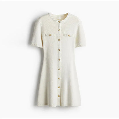 Knit Button Front Patch Pocket Short Sleeve A-Line Mini Dress