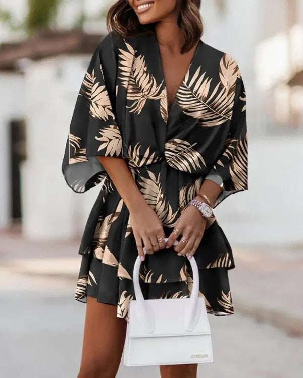 Tropical Floral Print Twist-Waist Kimono Sleeve Tiered Ruffle Mini Dress