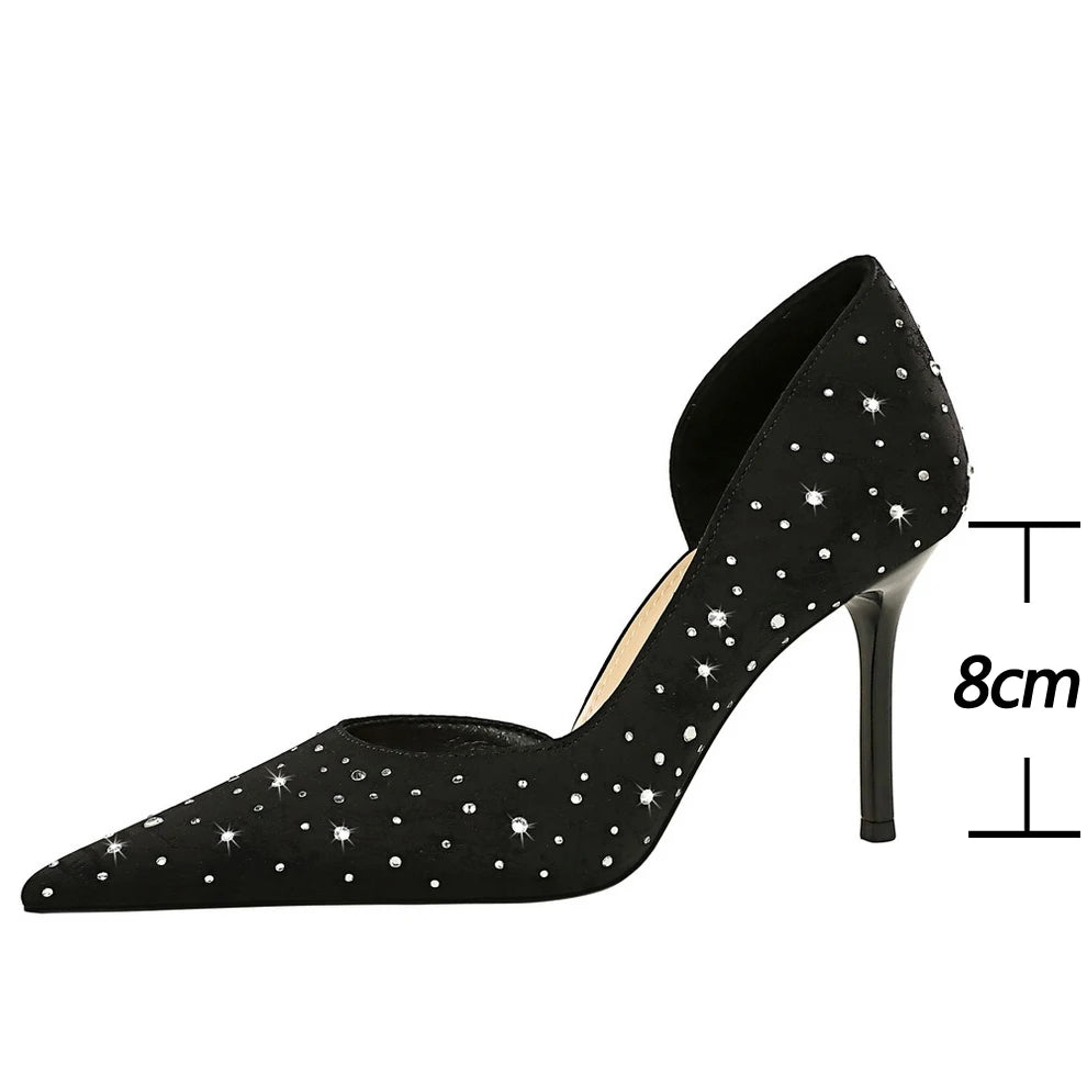 Rhinestone Kitten Heels Women 8 Cm Pumps Silk Satin High Heels