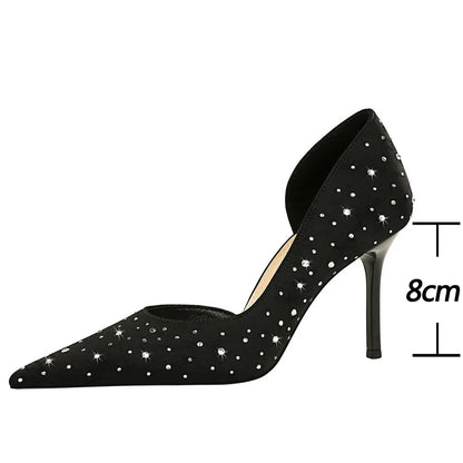 Rhinestone Kitten Heels Women 8 Cm Pumps Silk Satin High Heels