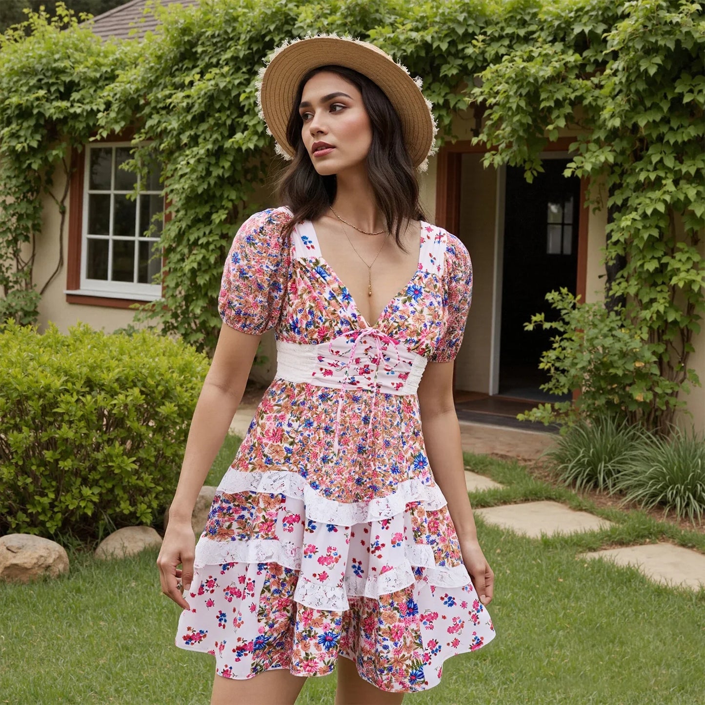 Lace Bow Tie V Neck Floral Mini Dress