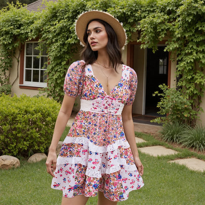 Lace Bow Tie V Neck Floral Mini Dress