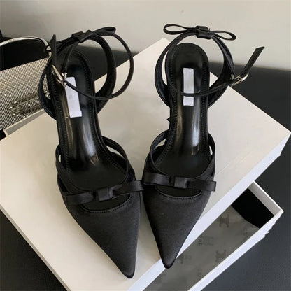 Satin Ankle Buckle Strap Women Pumps with Pointed Toe and Thin Low Heels