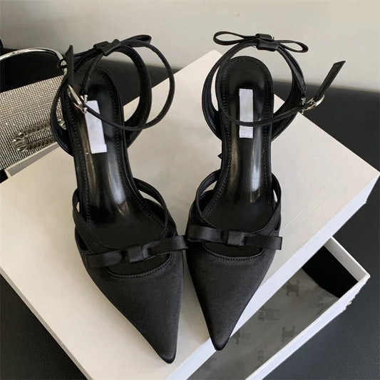Satin Ankle Buckle Strap Women Pumps with Pointed Toe and Thin Low Heels