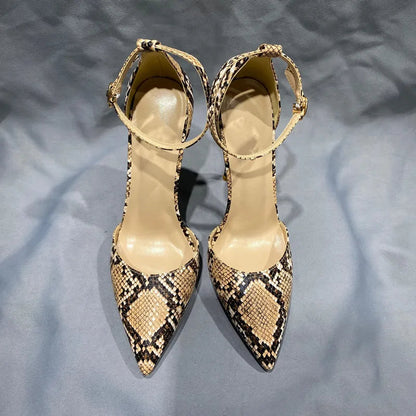 Beige Brown Snakeskin Pointy Toe Ankle Strap High Heel Shoes for Women