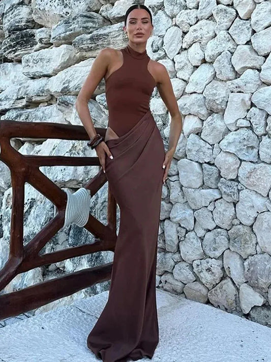 Satin Hollow Out Black Maxi Dress