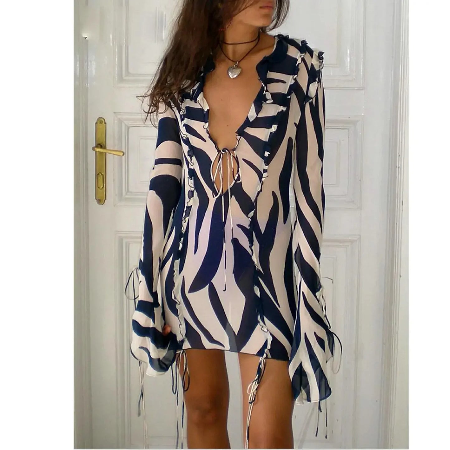 V Neck Zebra Print Ruffled Bodycon Dress