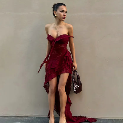 Burgundy Tulle Short Mini Off Shoulder Lace Up Prom Dress