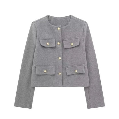 Elegant Solid Button Fake Pocket Jacket Women's Fashion O-neck Long Sleeve Single Breasted Cropped Coats New Lady Chic Outerwear