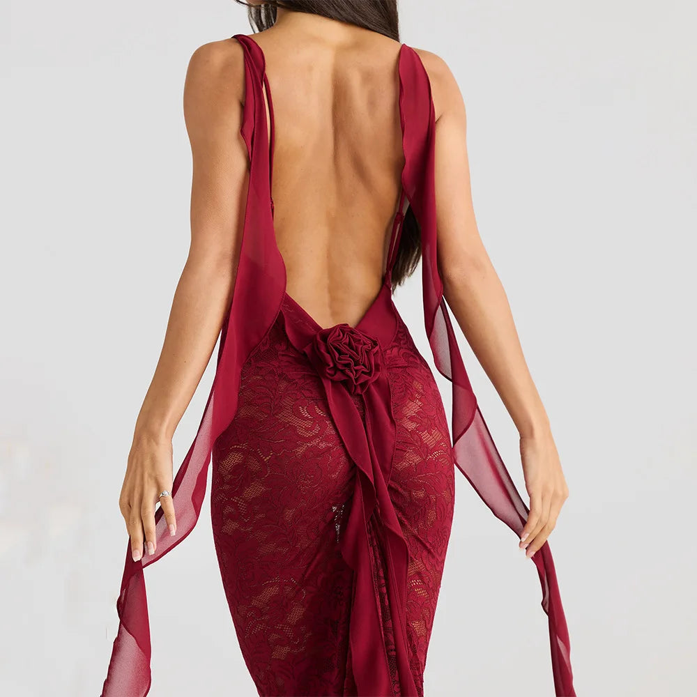 | Backless Lace Mermaid Gown with Chiffon Streamers