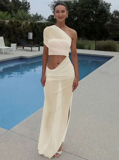 Mesh Backless One-Shoulder Long Dress