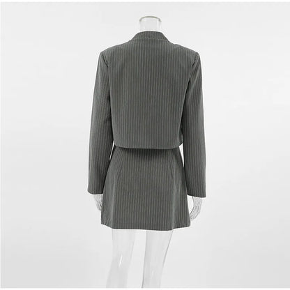 Women Striped Skirt Set Stand Collar Single Breasted Top High Waist Pleated Skirts 2024 Summer Fall New Fashion Lady Office Suit