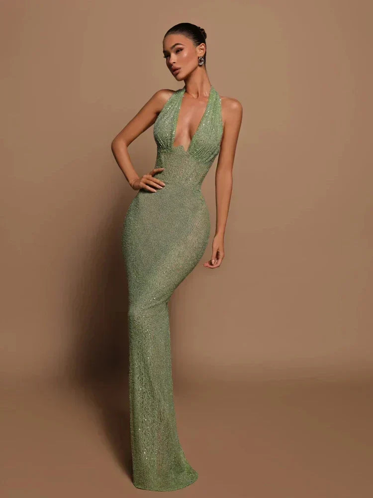 Glitter Ribbed Halter Neck Deep V-Neck Bodycon Maxi Gown
