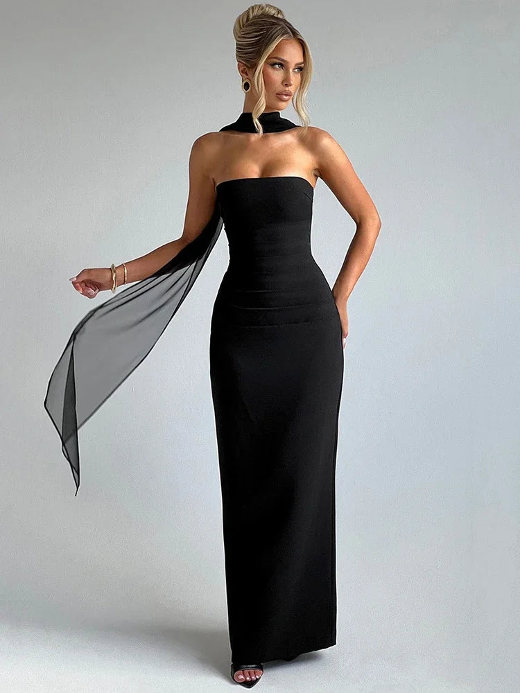 Strapless Scarf Backless Maxi Dress