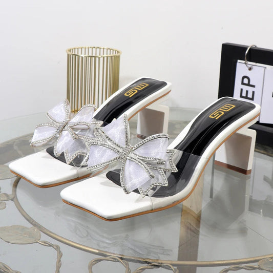 Autumn women's bow gauze elegant fashion slippers with square heel