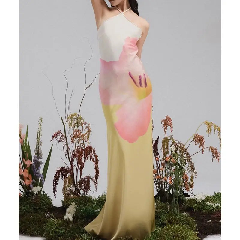 Floral Halter Slip Backless Vacation Dress