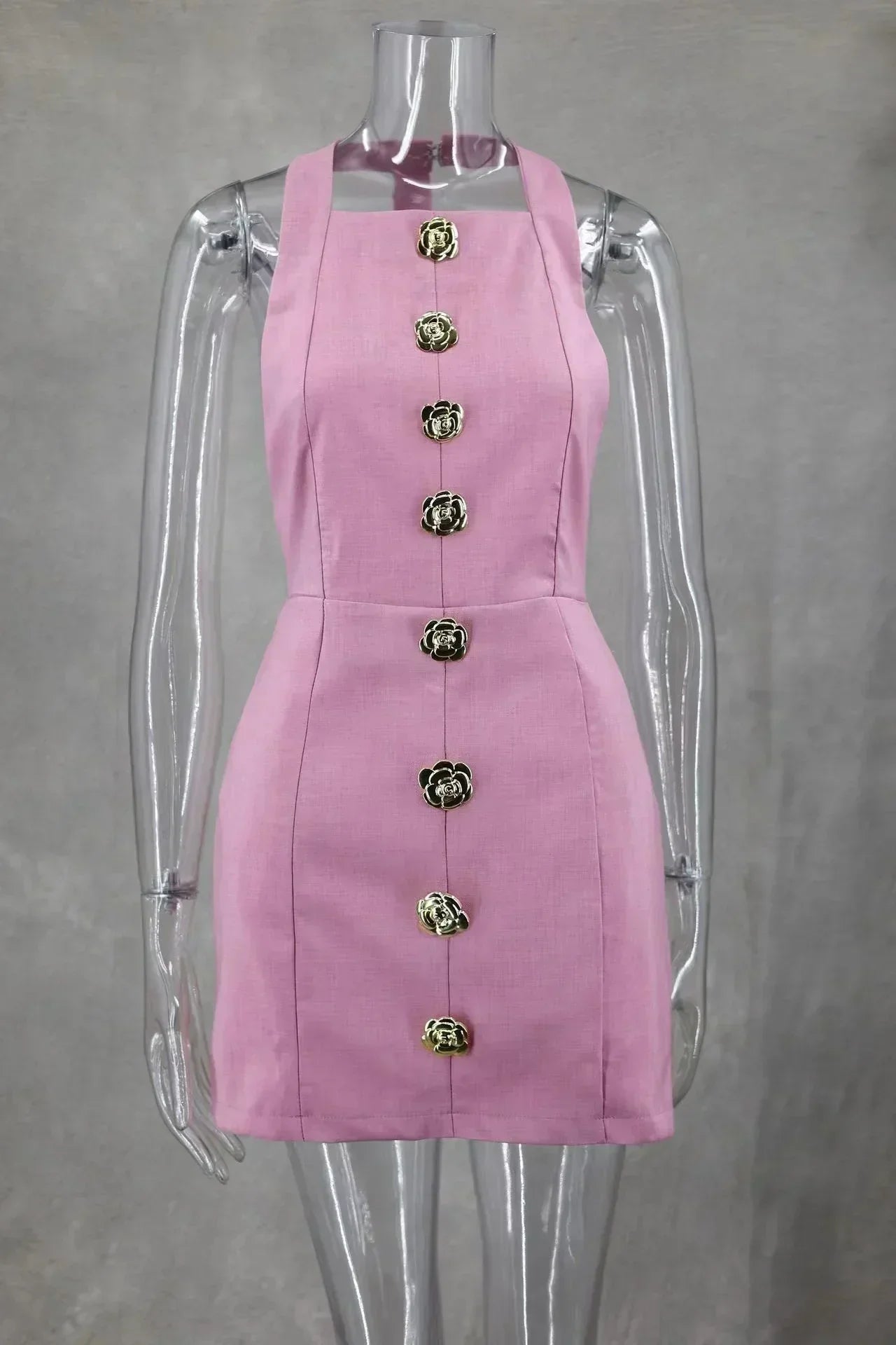 High Neck Sleeveless Button Front Structured Mini Dress
