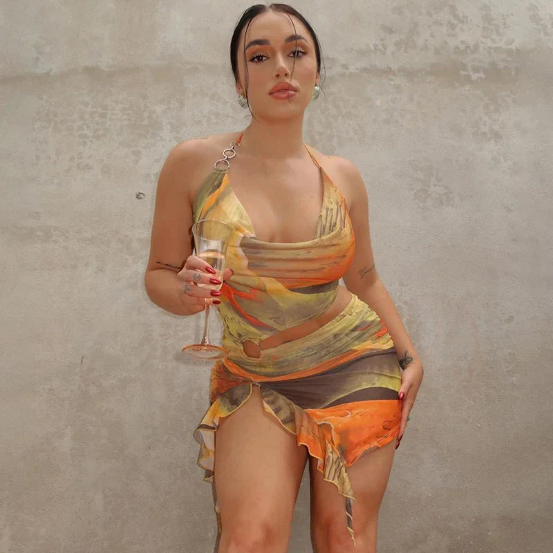 Tie Dye Tassel Backless Halter Mini Dress