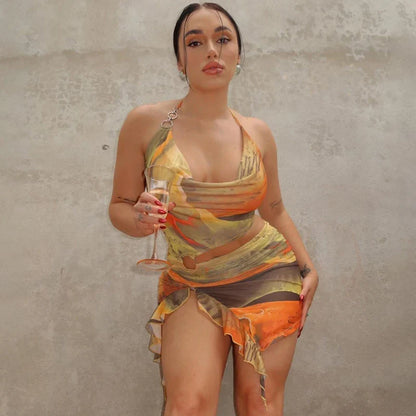 Tie Dye Tassel Backless Halter Mini Dress