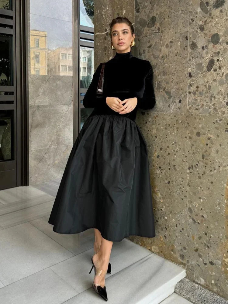 Mock Neck Long Sleeve Velvet Bodice Bubble Hem Midi Dress