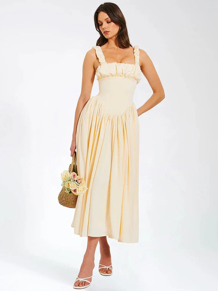 Square Neck Satin Pleated Midi Dress