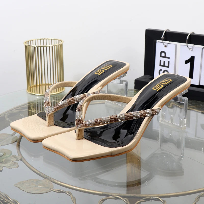 Rhinestone clip toe flip-flops with square heel, designer luxury sandals