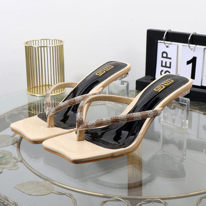 Rhinestone clip toe flip-flops with square heel, designer luxury sandals