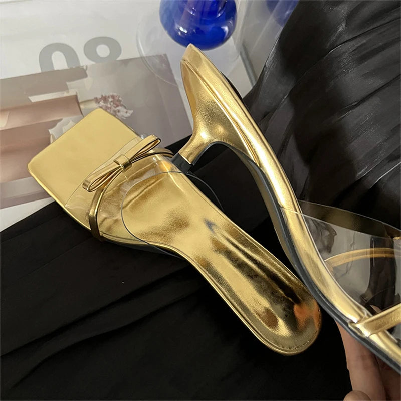 Butterfly-knot Slipper Women PVC Transparent Square toe Low Thin Heels for Summer Fashion