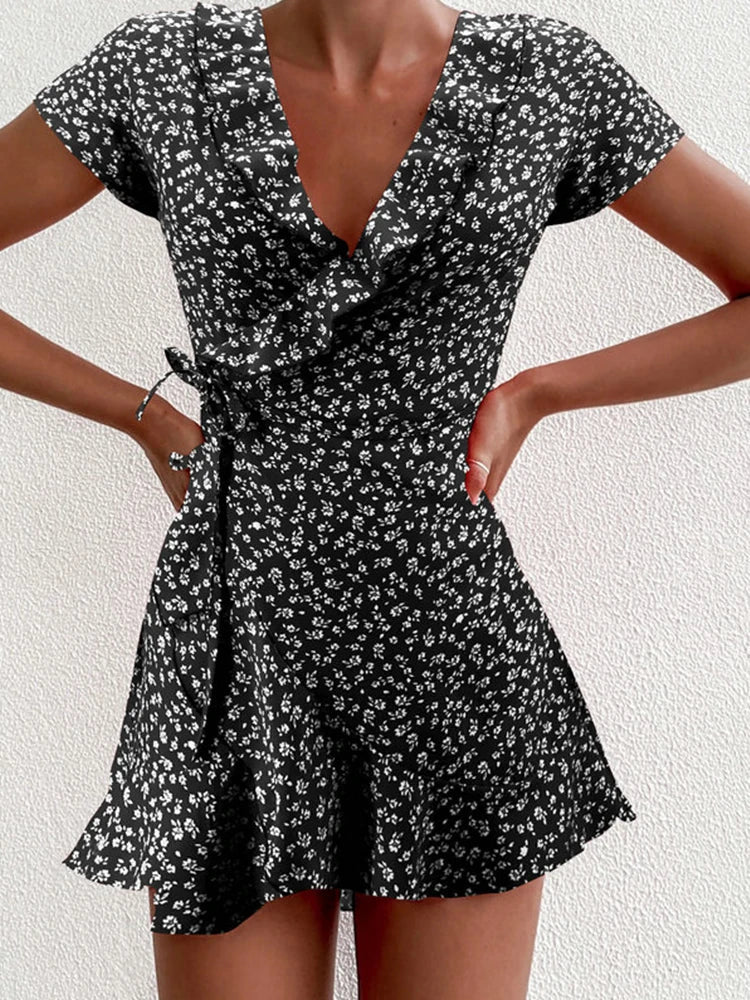 Ditsy Floral Print Wrap V-Neck Ruffle Trim Cap Sleeve Mini Dress