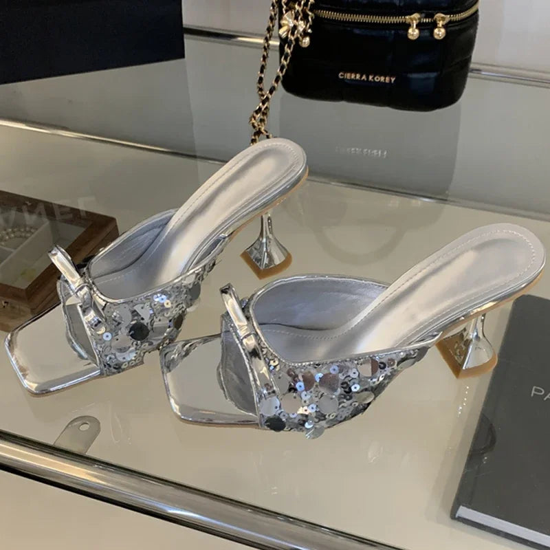 Sequined Square Toe Women Slippers with Butterfly-knot High Heels