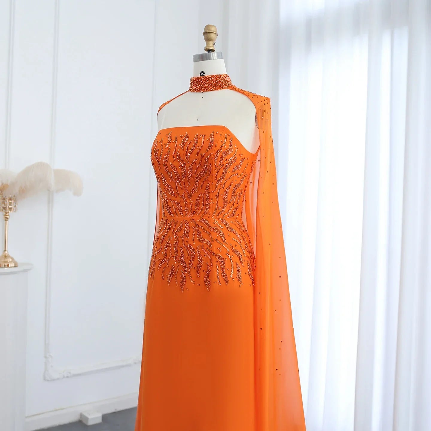 Orange Evening Dress with Cape Sleeves