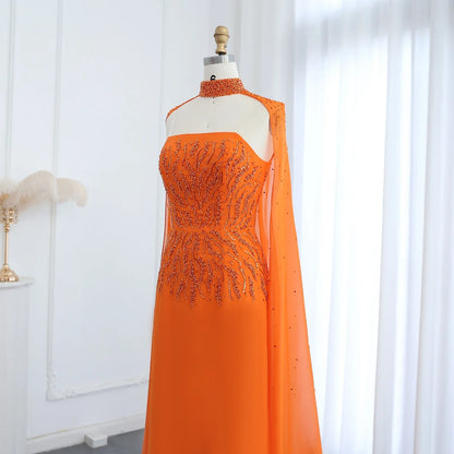Orange Evening Dress with Cape Sleeves