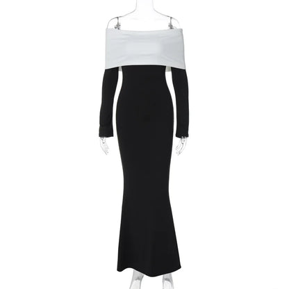 Black & White Off-the-Shoulder Maxi Dress with Long Sleeves