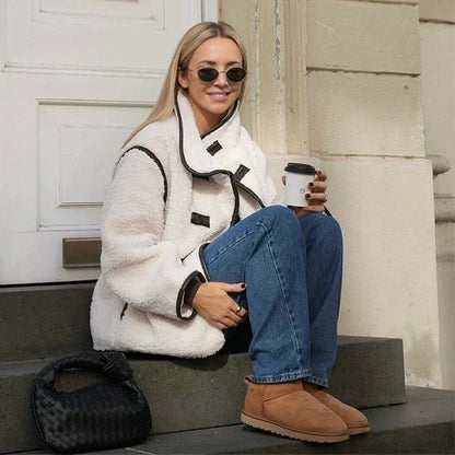 Plush Stand Collar Jackets Coat Women Vintage Lambwool White Single-Breasted Pockets Jacket Female Autumn High Street Outwear
