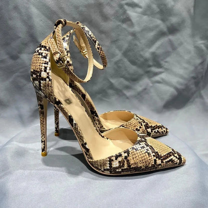 Beige Brown Snakeskin Pointy Toe Ankle Strap High Heel Shoes for Women