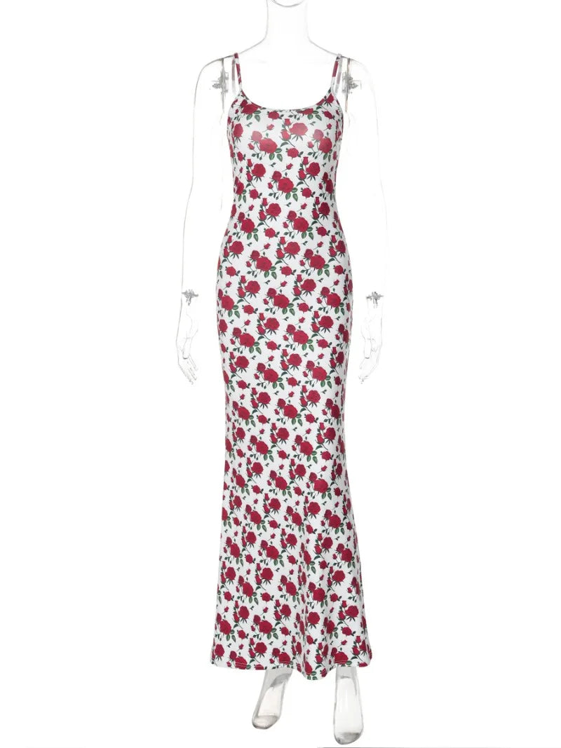 New Fashion Sleeveless Bodycon Floral Dresses High Street Sexy Woman Clothes Spaghetti Strap Slim Vacation Party Long Dress