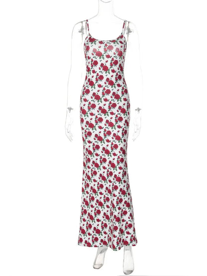 New Fashion Sleeveless Bodycon Floral Dresses High Street Sexy Woman Clothes Spaghetti Strap Slim Vacation Party Long Dress