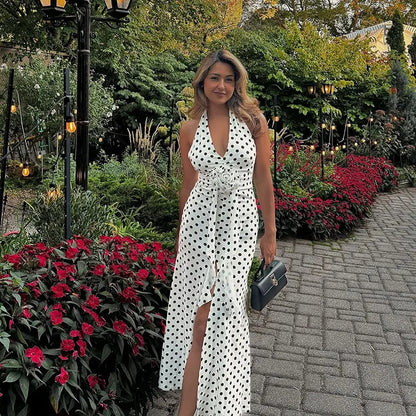 3D Flowers Polka Dot Print Backless Dress