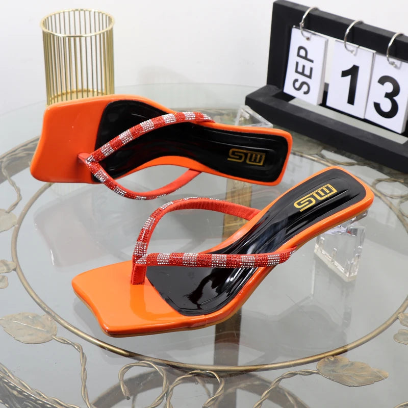 Rhinestone clip toe flip-flops with square heel, designer luxury sandals