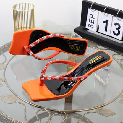 Rhinestone clip toe flip-flops with square heel, designer luxury sandals