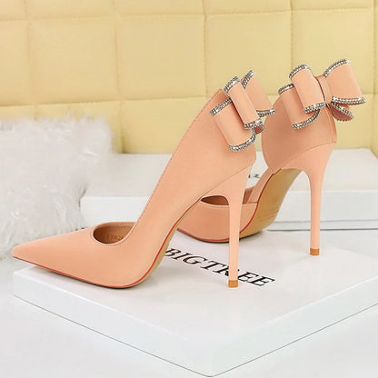 Rhinestone Back Bowknot High Heels Women Pumps in Silks and Satins