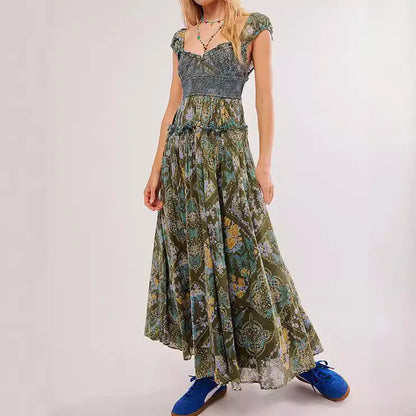 Printed Chiffon Short Sleeve A-line Boho Dress