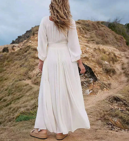 Deep V Neck Polyester Elastic Waist Boho Dress