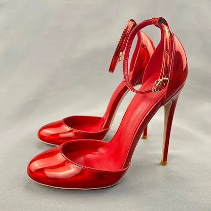 Red Black Women Ankle Buckle Round Toe High Heel Shoes for Summer