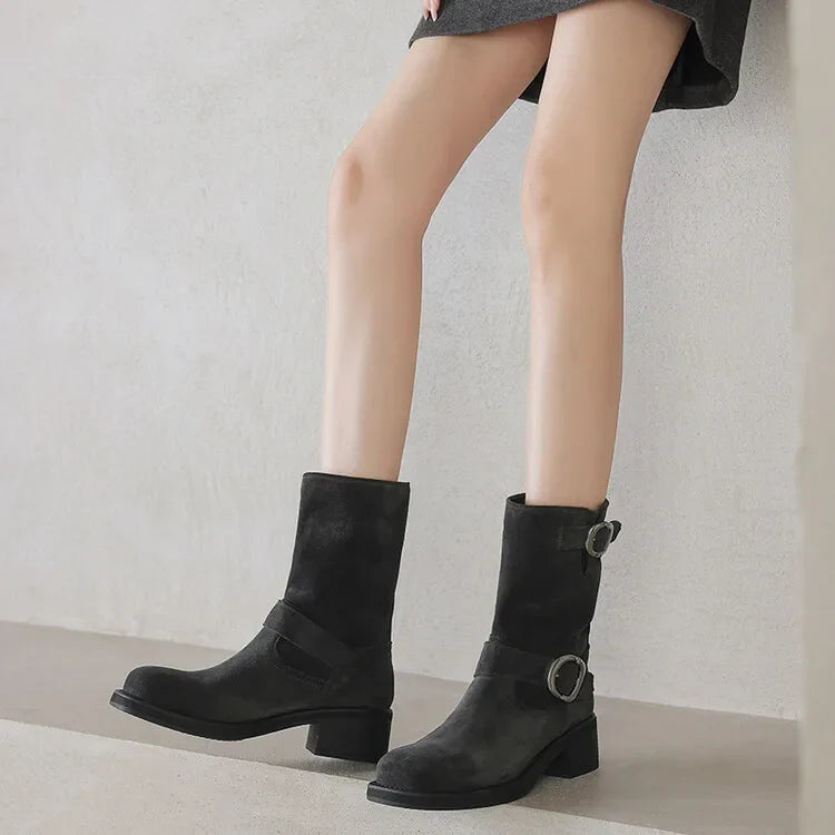 | Suede Buckle Boots in Black