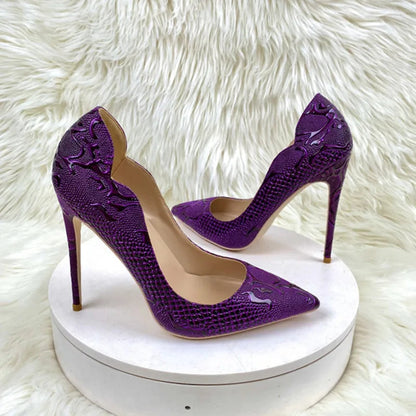 Purple Crocodile Embossed Pointy Toe Slip On High Heel Shoes for Women