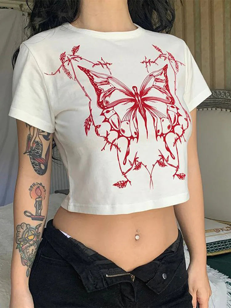 Butterfly Print Fitted Crop Grunge T-shirt