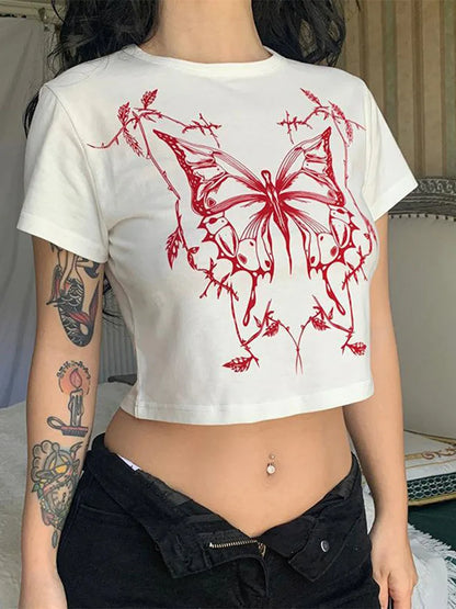 Butterfly Print Fitted Crop Grunge T-shirt
