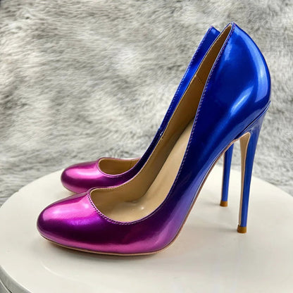 Blue Pink Gradient Round Toe Slip On High Heel Shoes for Women