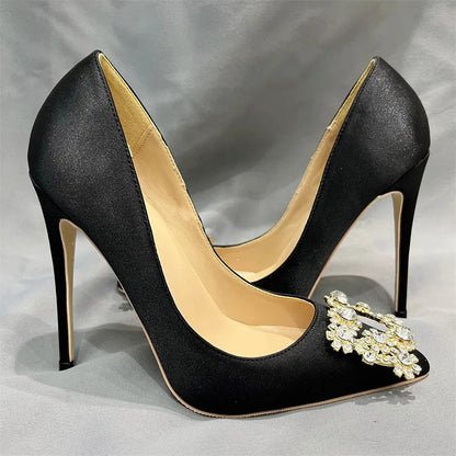 Black Satin Pointy Toe High Heel Shoes with Glitter Diamante Square Detail